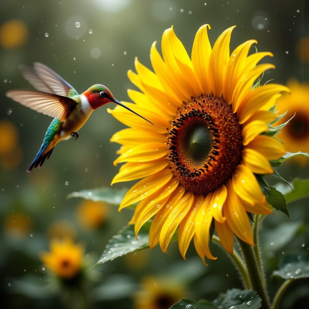 Sunflower with Raindrops and Hummingbird in Golden Hour