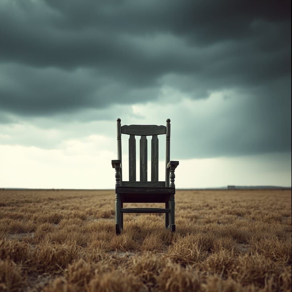 Lonely Rocking Chair in Desolate Field, Cinematic Still