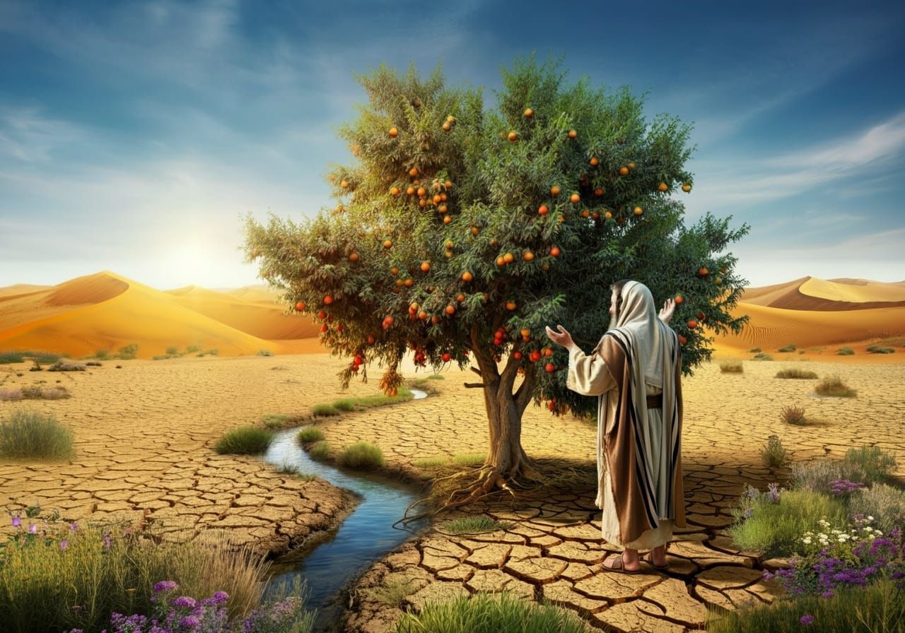 A vast desert stretches endlessly, covered in dry, cracked earth and soft golden sand, with rolling dunes and an open, e...