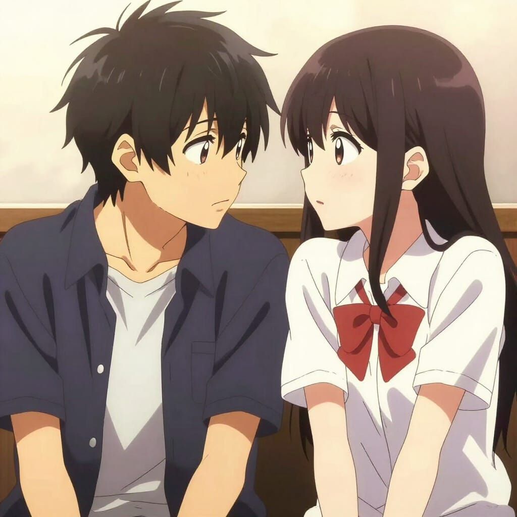 Teenage Couple Leaning Close in Anime Style