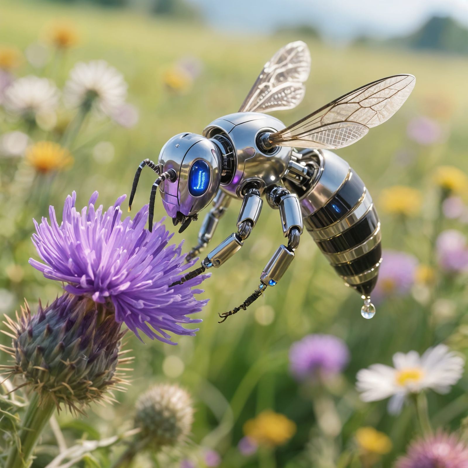 Robotic Bee Pollinating Thistle Flower in Macro Detail
