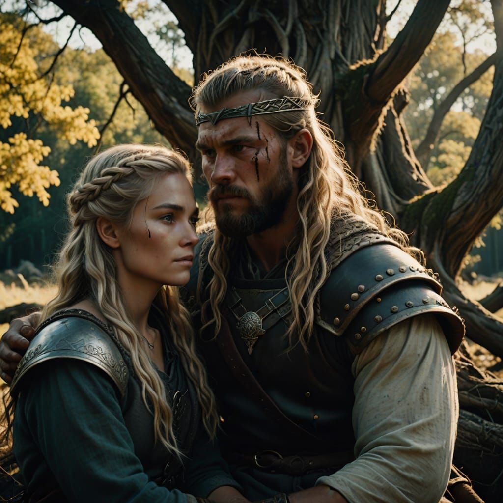 Viking Warrior on Root Throne in Golden Hour