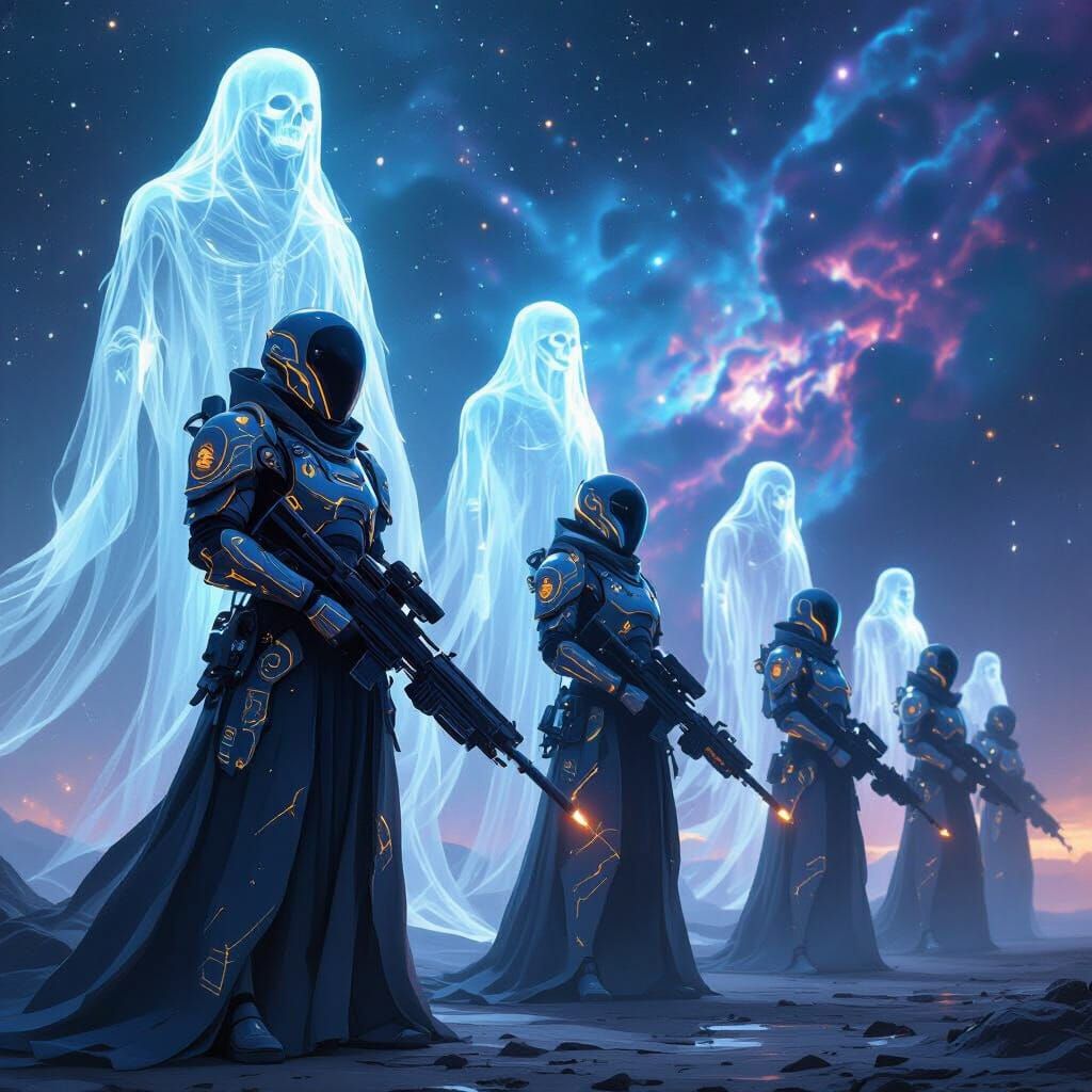 Cybernetic Soldiers Honor Fallen Spirits in Cosmic Nebula