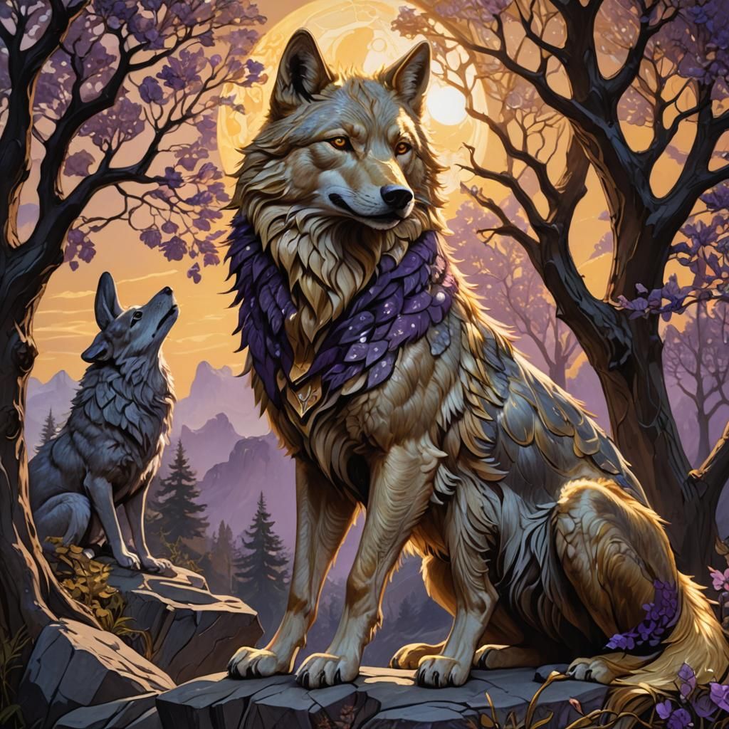 Golden Wolf with Prey in Art Nouveau Style