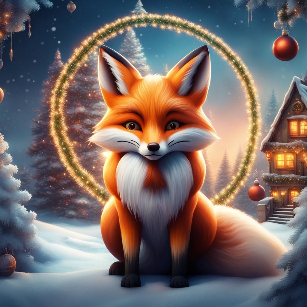 Blond Fox Christmas Portrait in Detailed Matte Style
