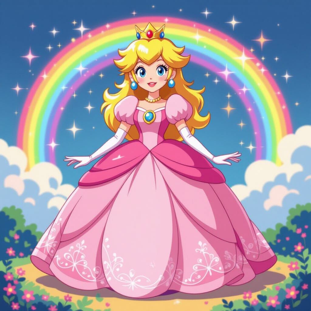 Princess Peach in Rainbow Aura, Miyazaki Cartoon Style