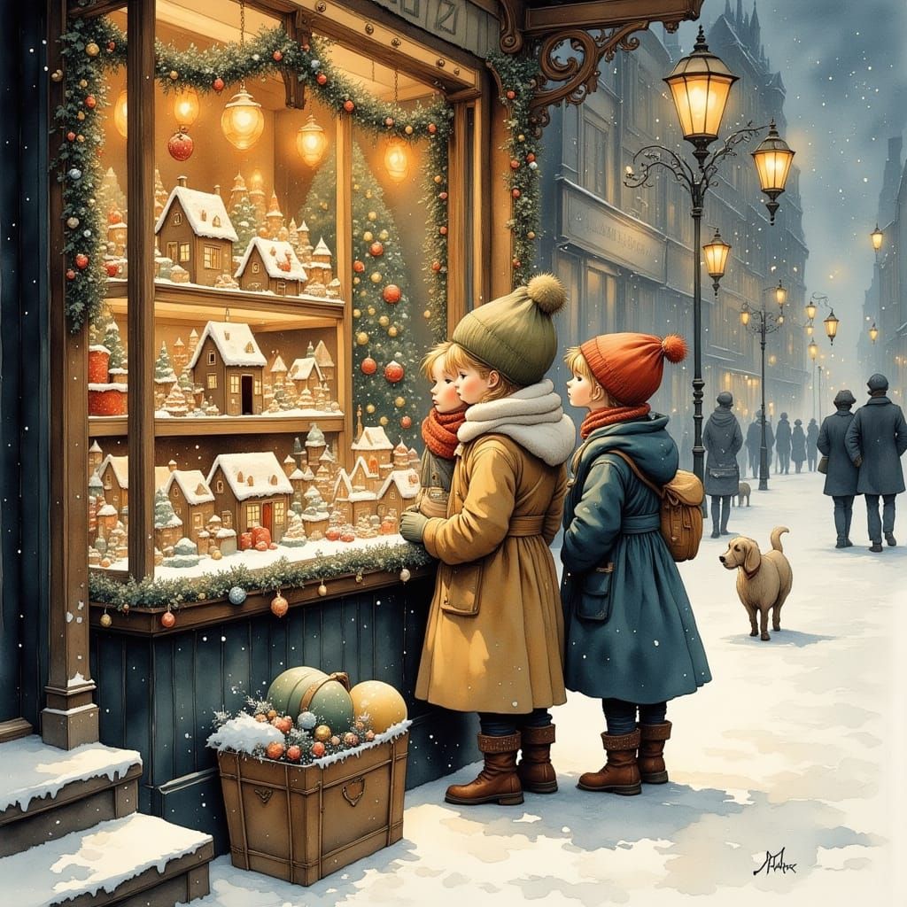 Romantic watercolor painting, vintage 1940s Christmas scene....