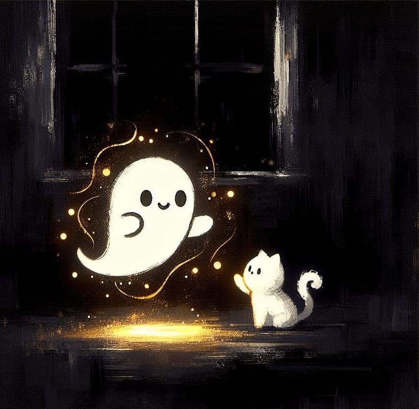 Cute Ghost and Cat in Dark Fantasy Art