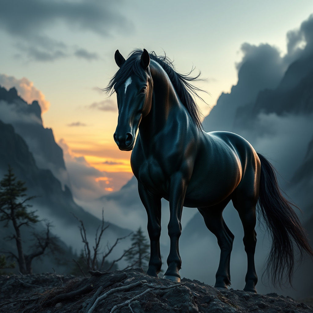 Majestic Dark Horse on Mountain at Twilight