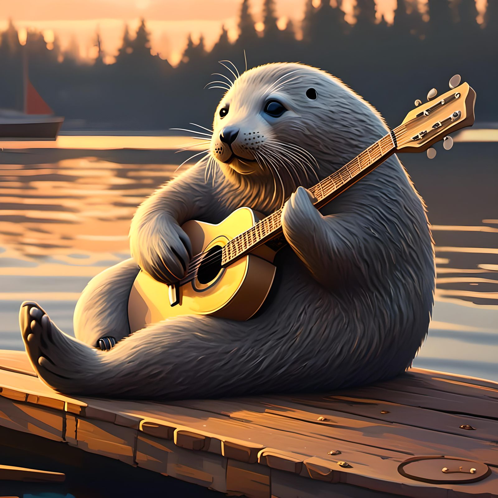 Grey Seal Plays Guitar on Dock