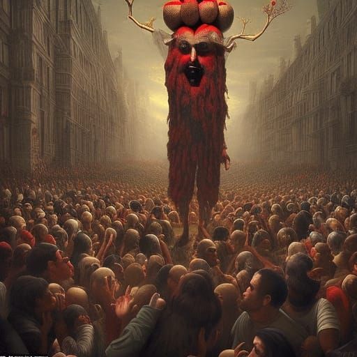 Sinister Giant Looms Over Drunken Crowd: Surreal Digital Art
