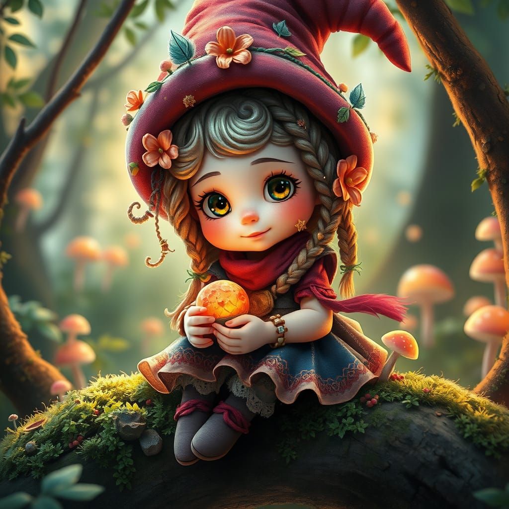 Whimsical Young Female Gnome in Enchanted Forest