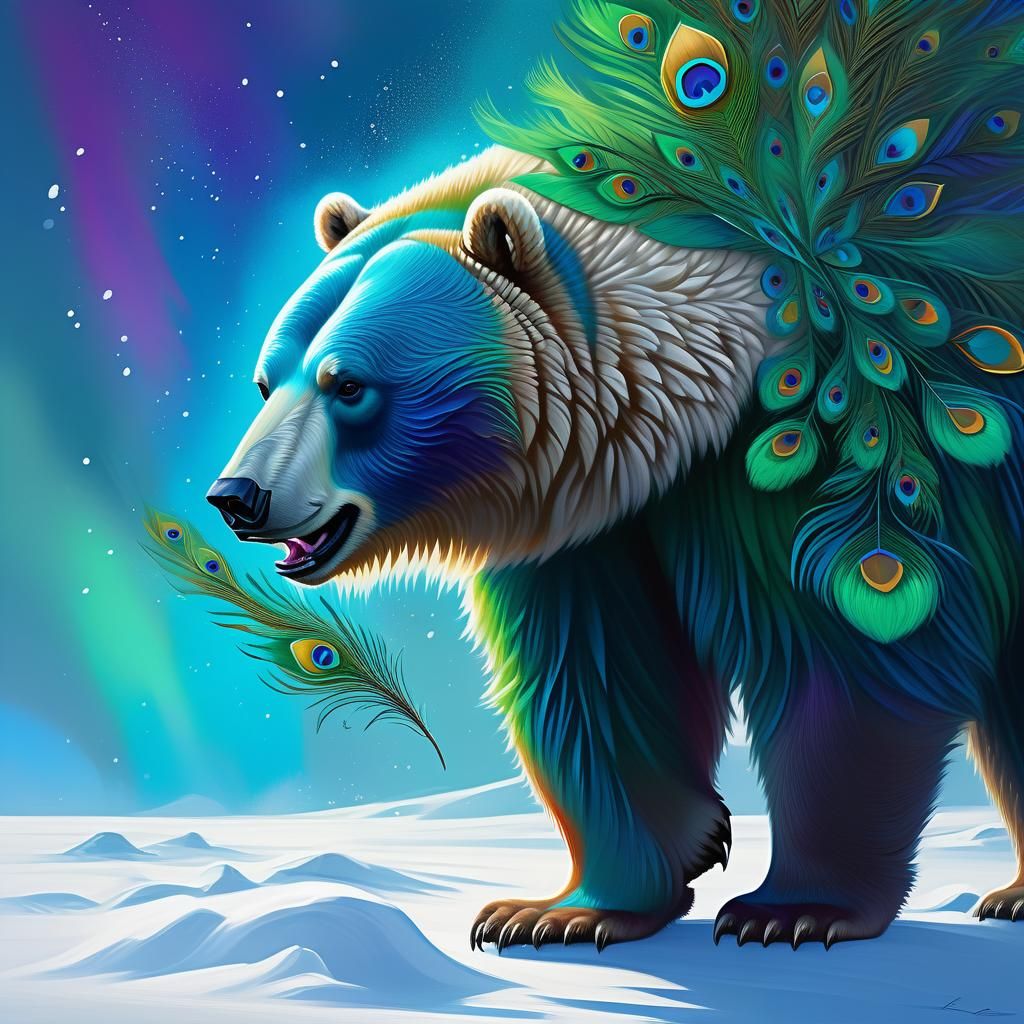 Peacobear: Polar Bear Peacock Hybrid in Snowy Tundra