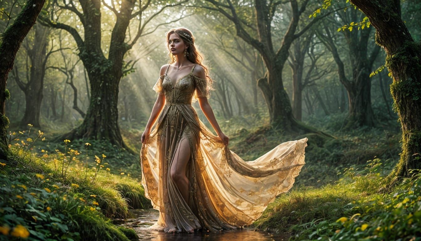 Ethereal Forest Scene with Woman in Art Nouveau Style