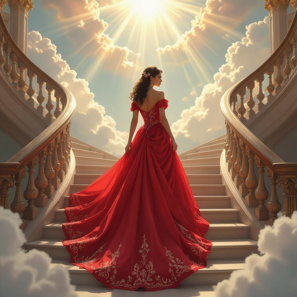 Woman in Red Gown on Royal Stairs