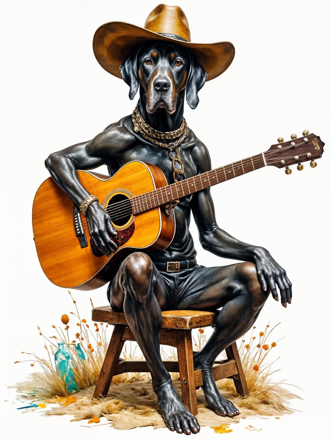 Cowboy Dog Plays Guitar in Vibrant Abstract Art