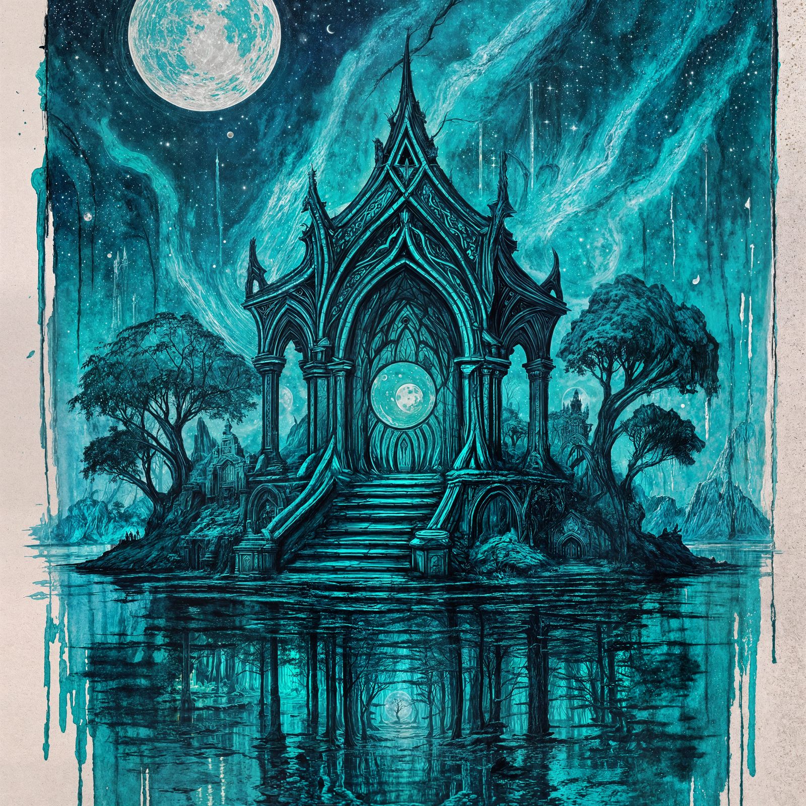 Elven Shrine Under Moonlight in Ink Art Style