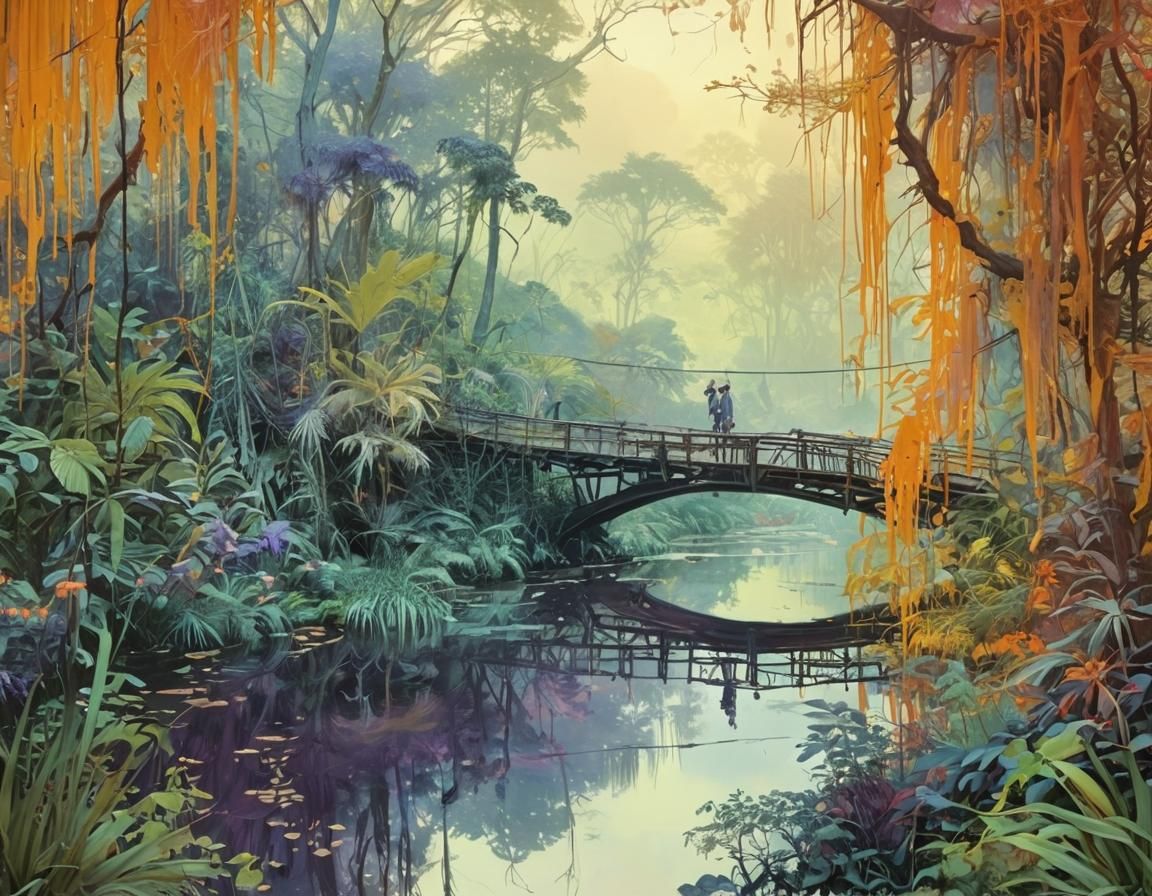 Jungle Hanging Bridge at Sunrise in Romanticism Style