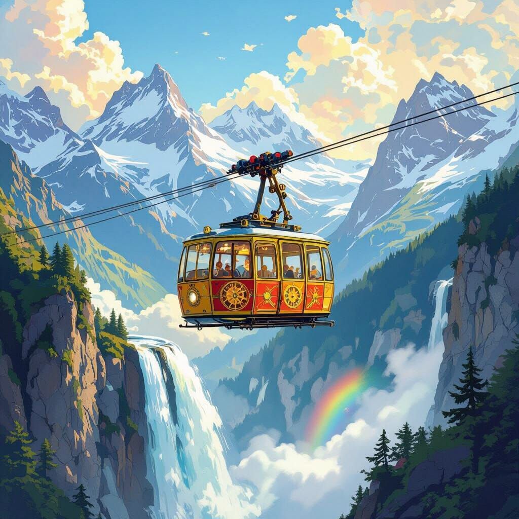 Whimsical Clockwork Cable Car Above Swiss Alps Waterfalls