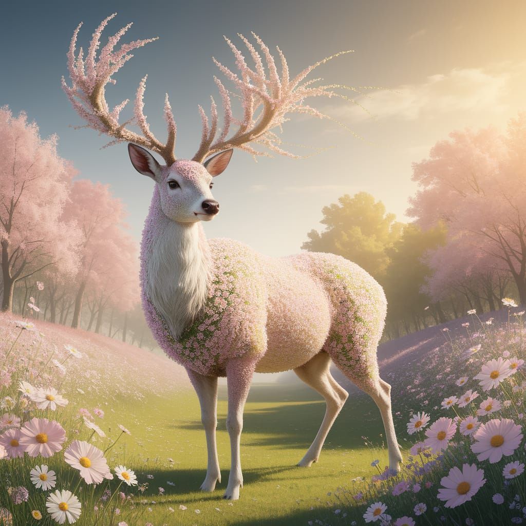 Floral Deer in Sun-Drenched Meadow