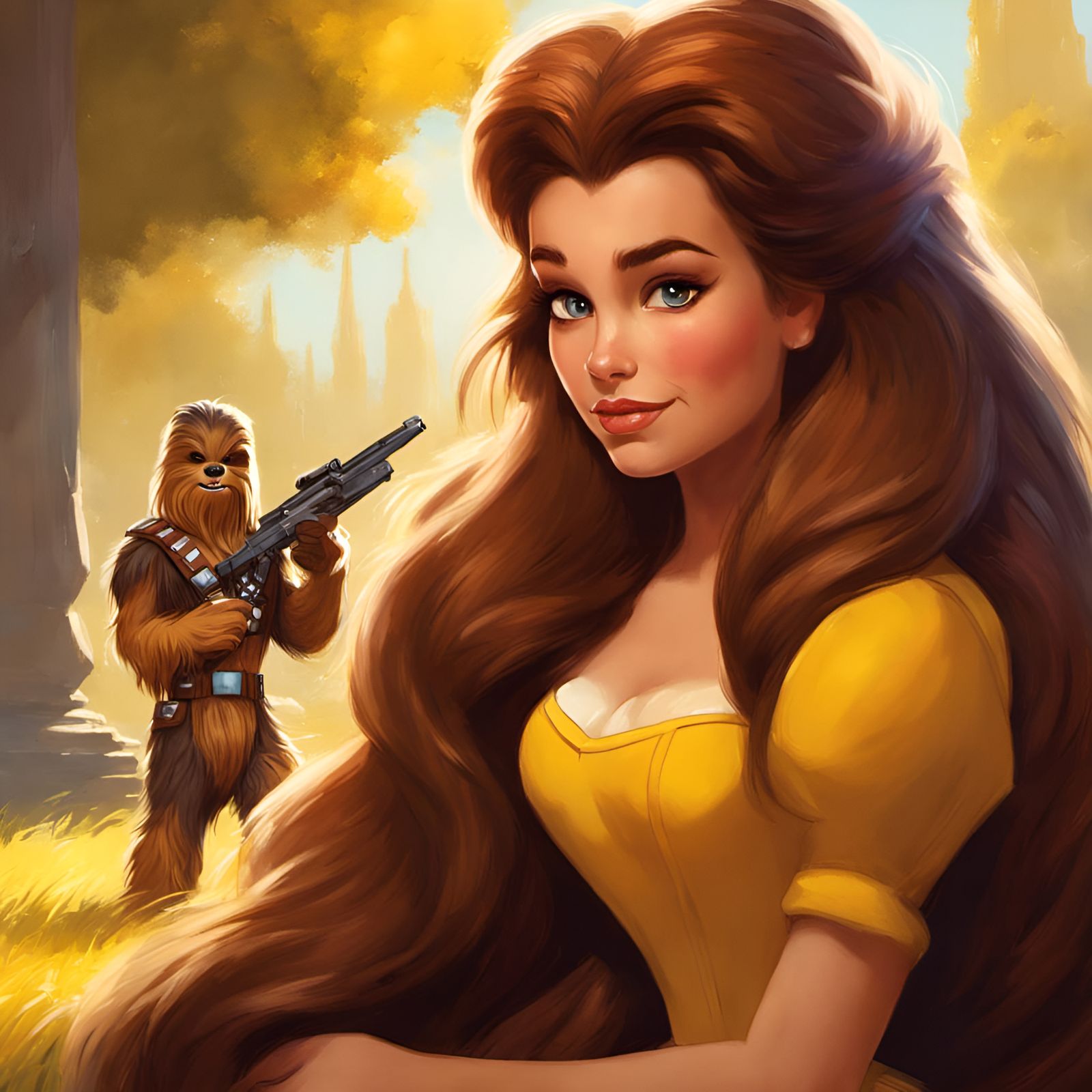 Princess Belle and Chewbacca Portrait in Fantasy Style