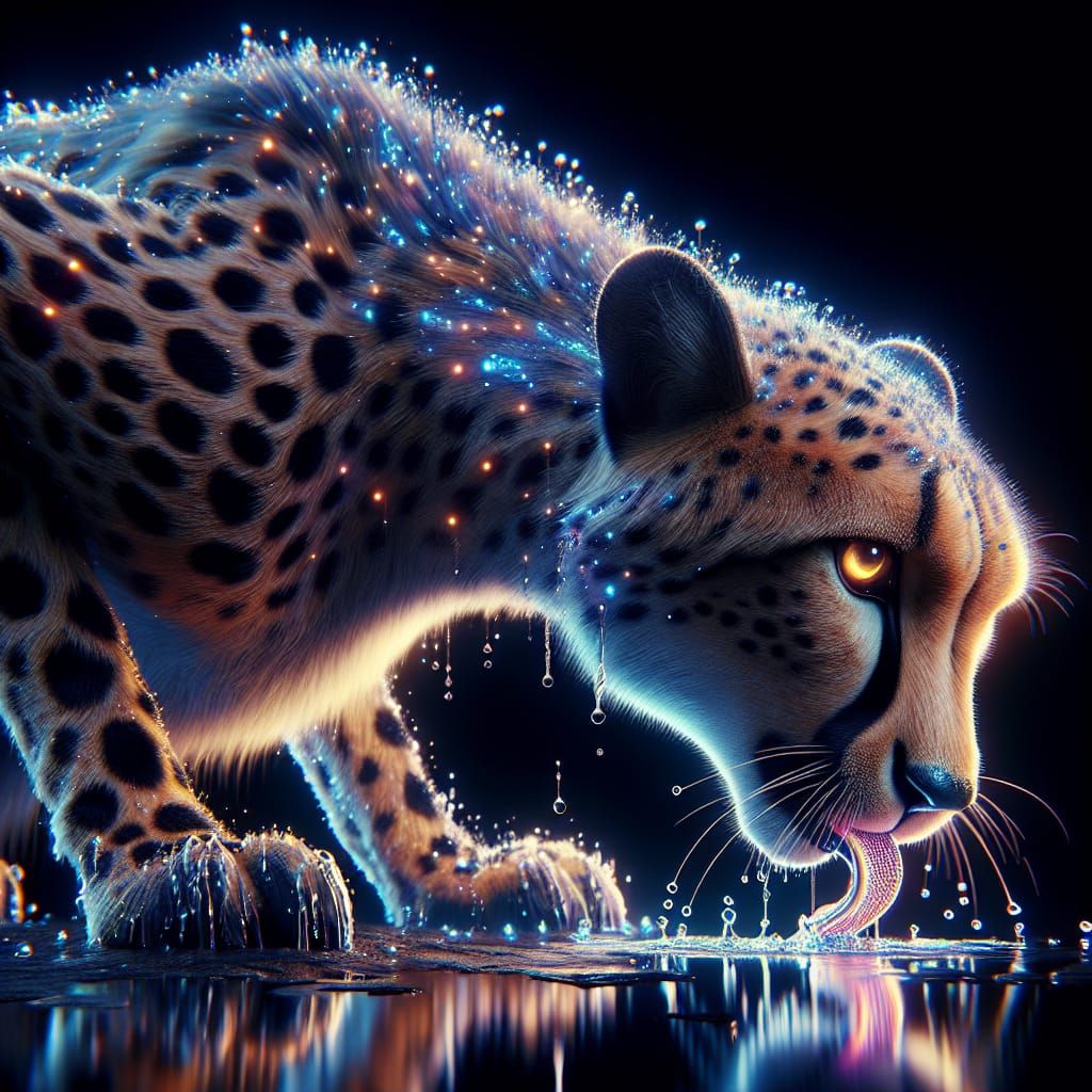 Luminous Cheetah in Splendid Detail, Licking Water with Gent...