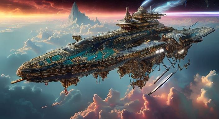 Steampunk Rocket Ascends Through Crimson Nebula