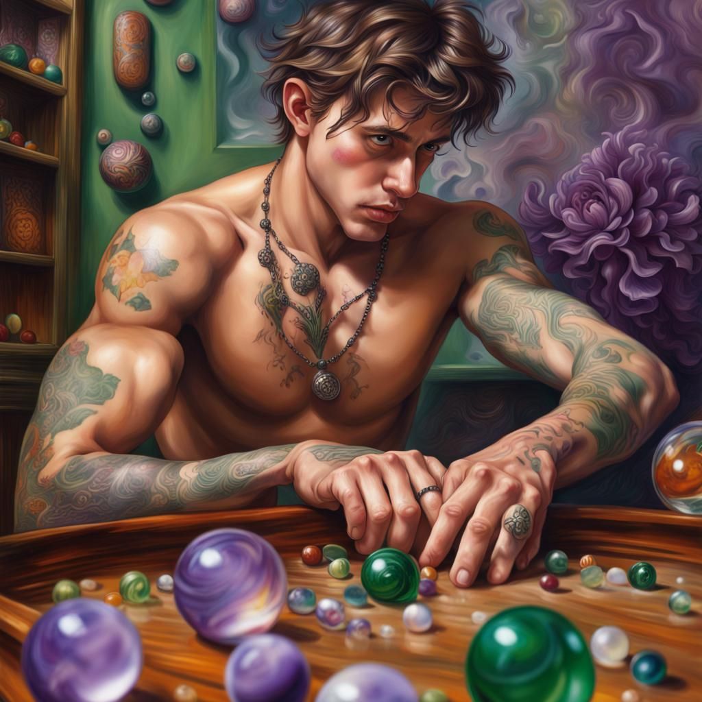 Intricate Marble Game with Tattooed Men