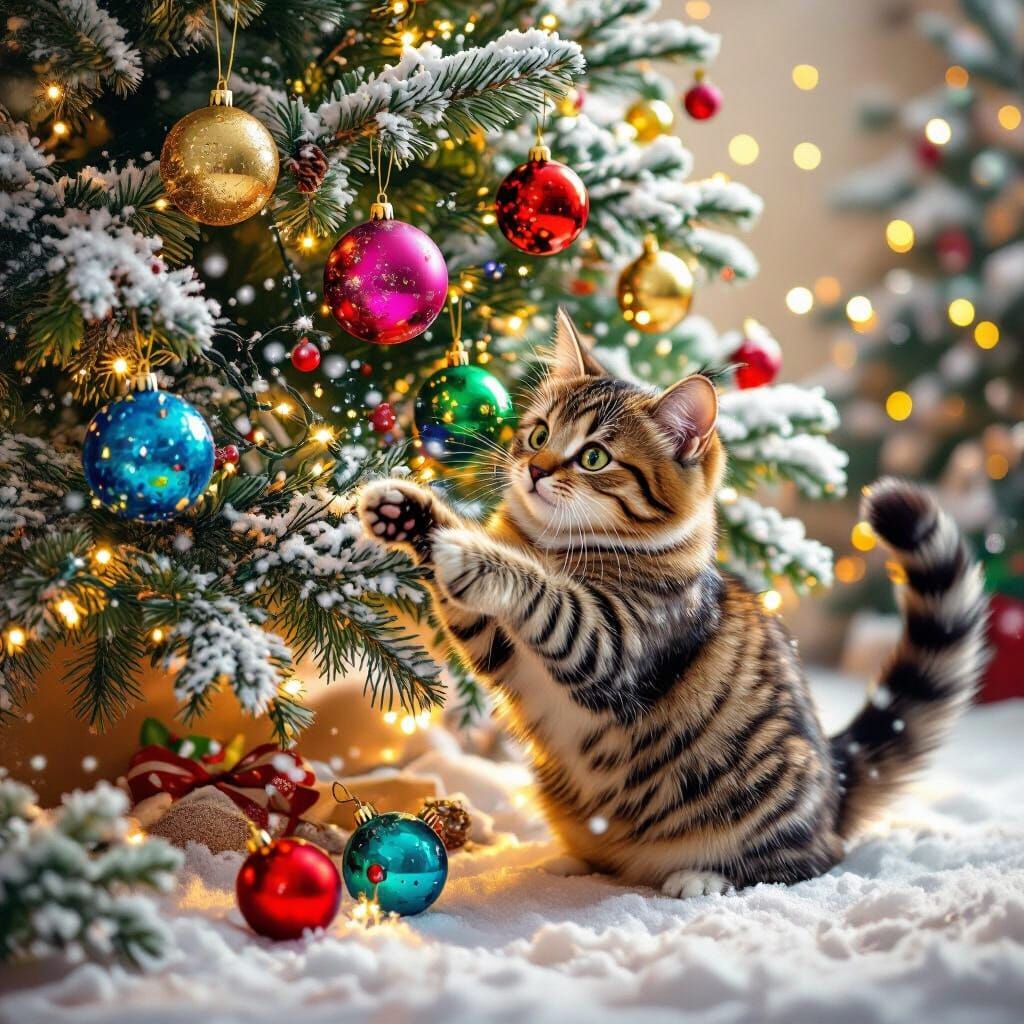 Playful Cat Chaos in a Snowy Christmas Tree
