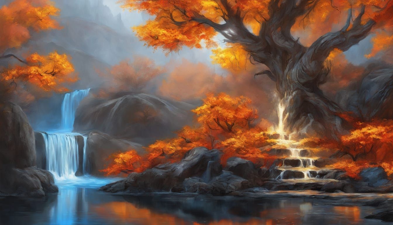 Vibrant Tree near Waterfall in Fantasy Landscape