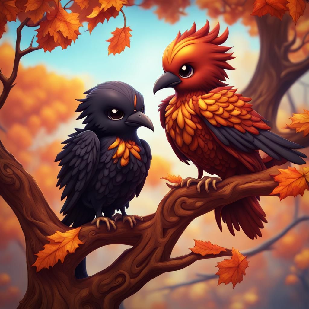 Chibi Phoenix and Raven Cuddling on Branch