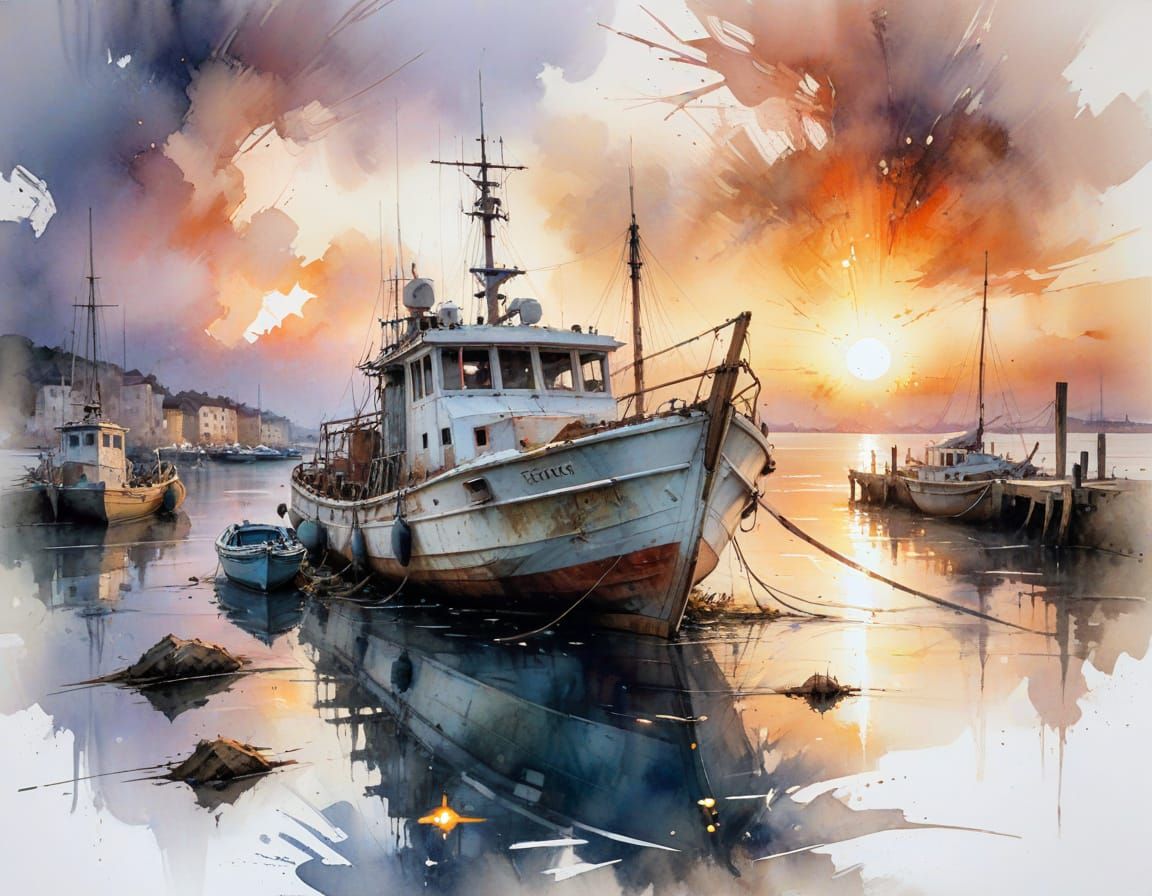 Old Boat at Sunset in Watercolour Style