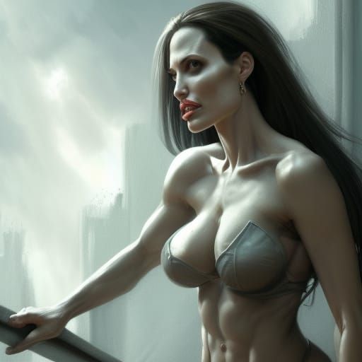 Detailed Muscular Woman on Balcony in Dark Fantasy Style