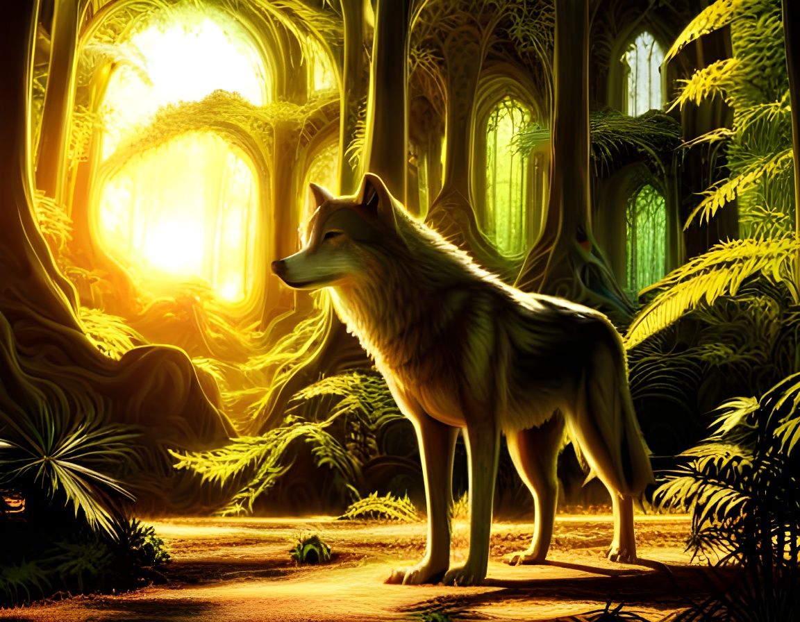 Wolf and Castle in Enchanted Fractal Forest