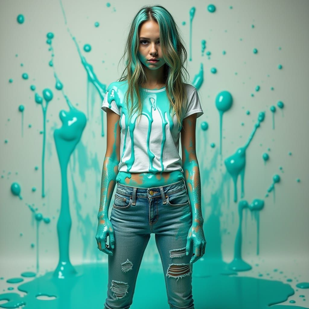 Girl Drenched in Vibrant Turquoise Gunge