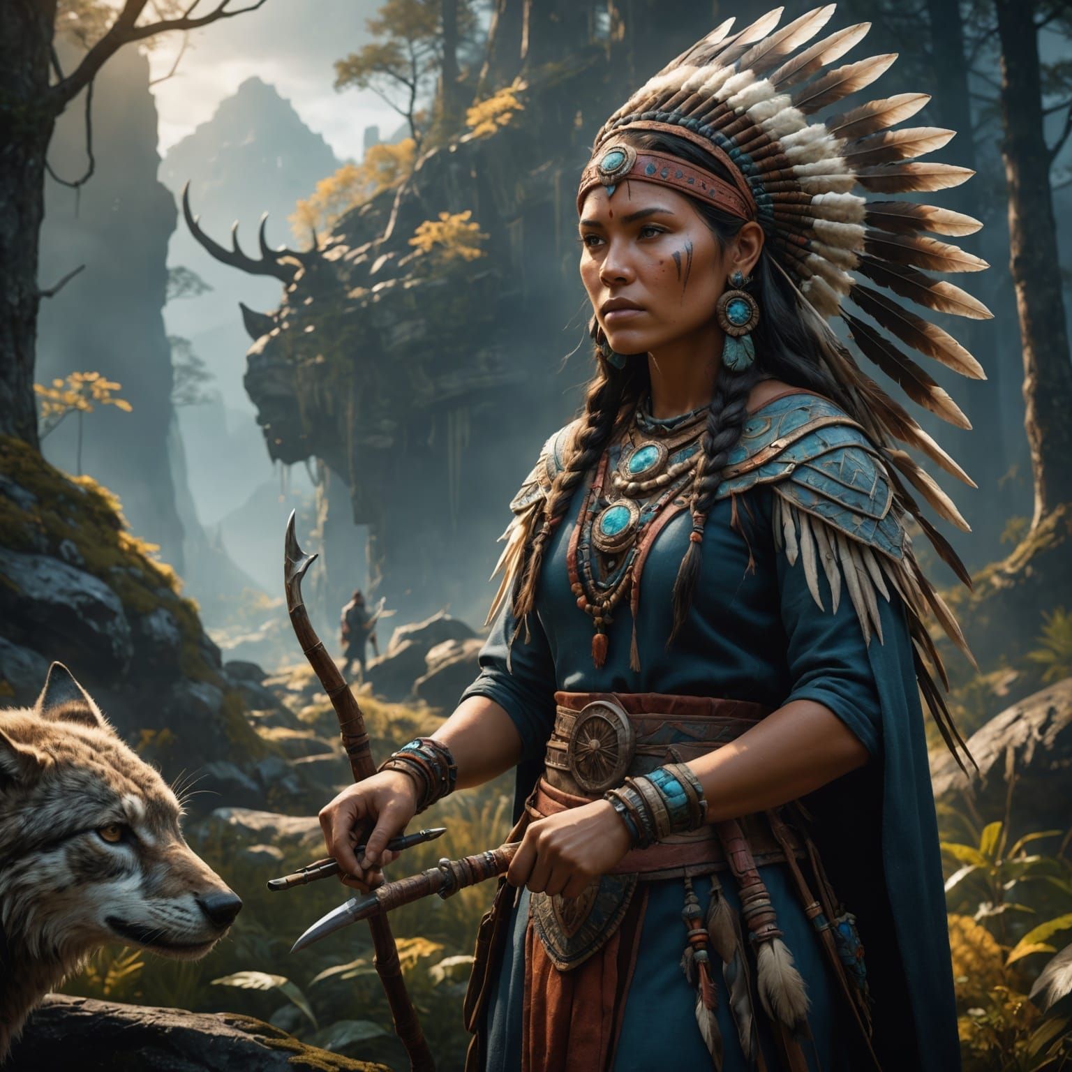 Native Woman Preparing for Hunt in Detailed Matte Painting