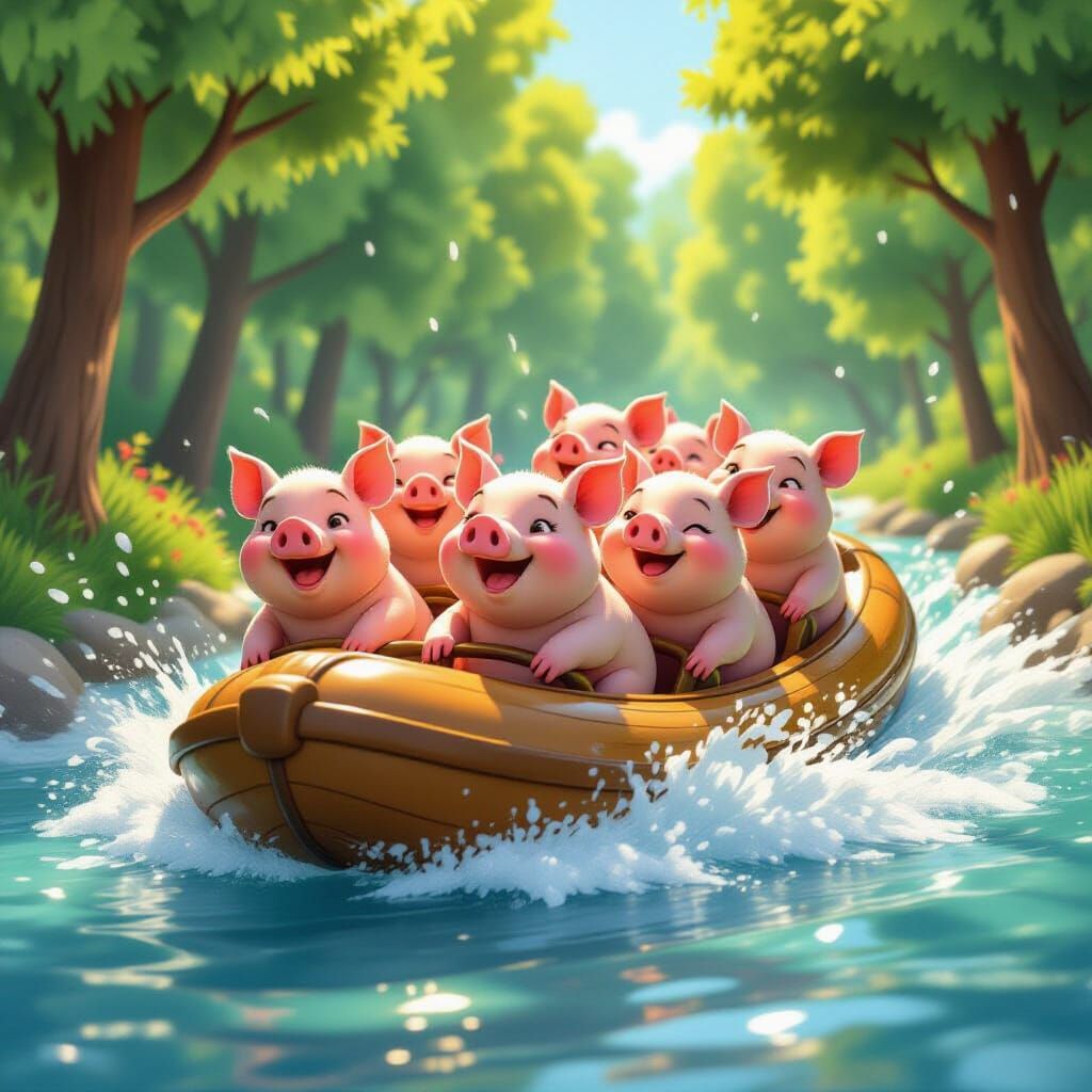 Pigs Enjoying a Log Flume Ride in Cartoon Forest