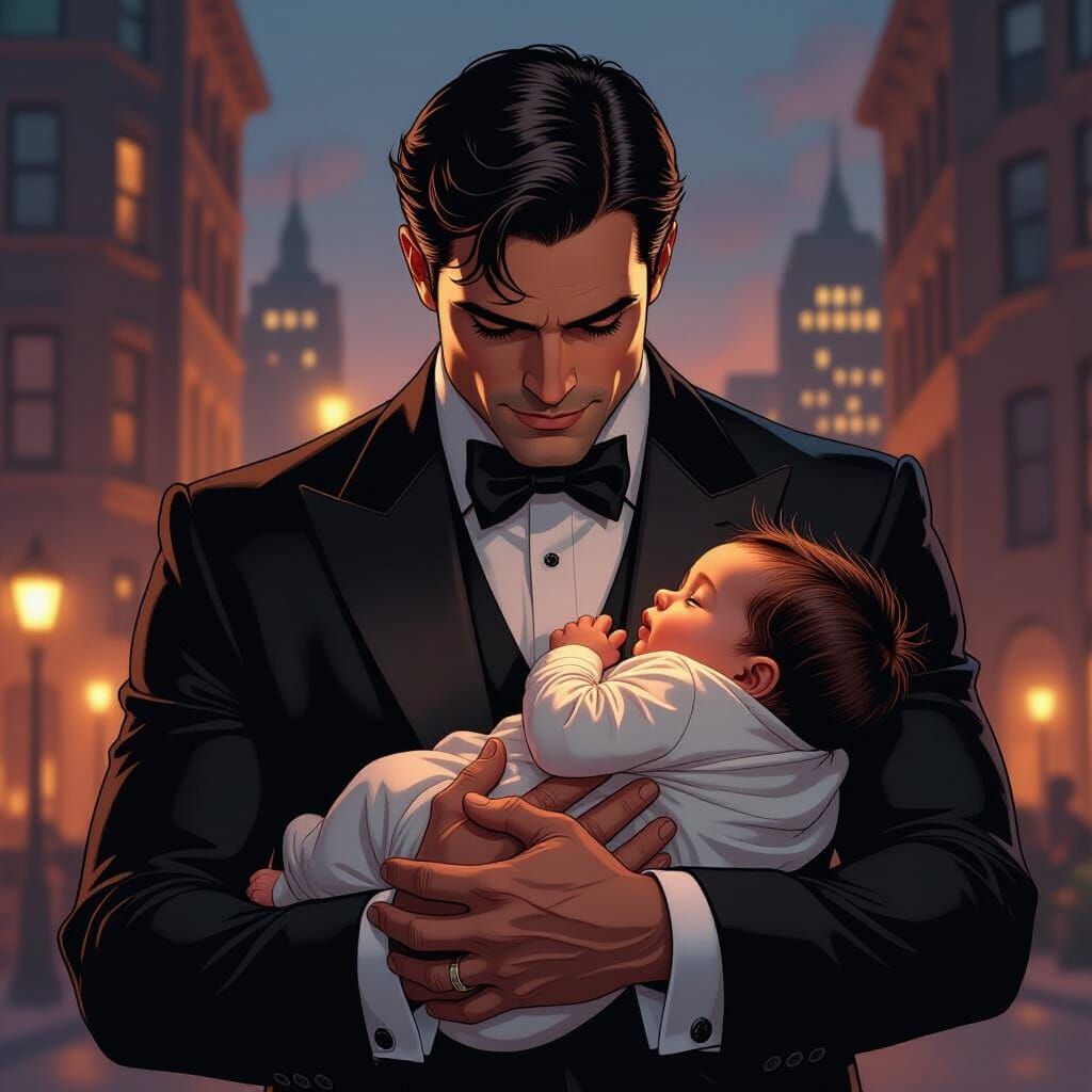 Bruce Wayne Cradles Baby Keira in Gotham Evening