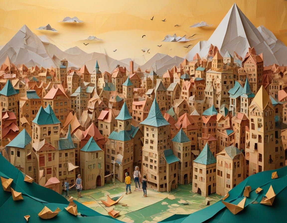 Origami City Exploration in Golden Hour Oil Paint Style