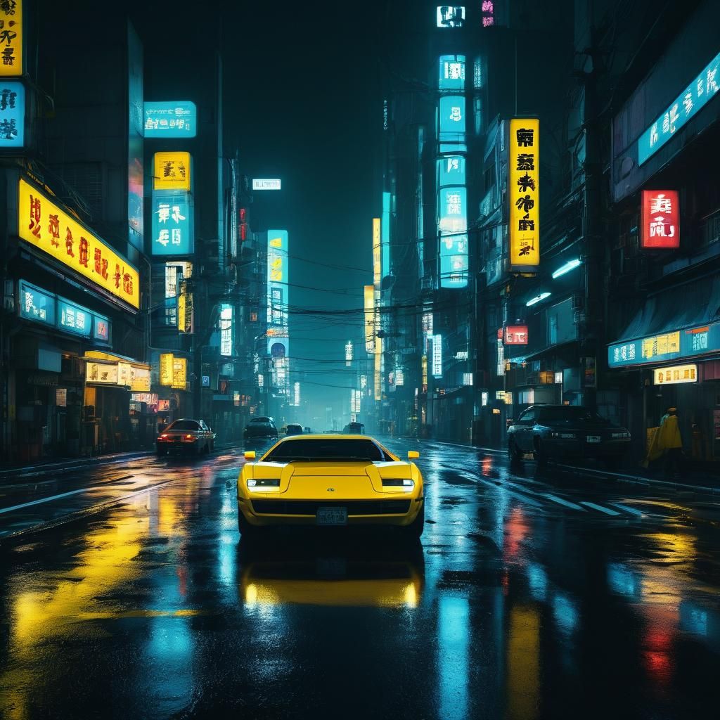 Neo-Noir Cityscape with Yellow Cars in Cyberpunk Style