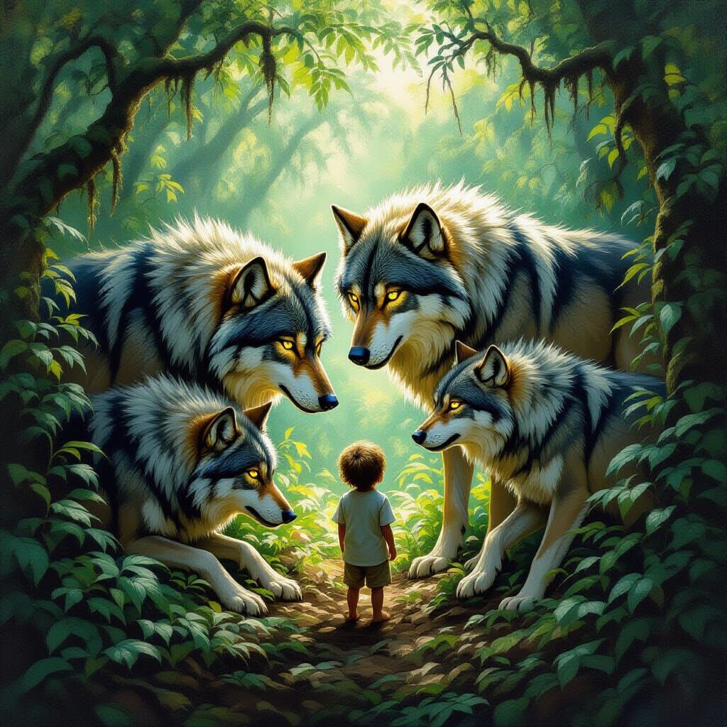 Dire Wolves Protect Human Child: Pre-Raphaelite Oil Painting