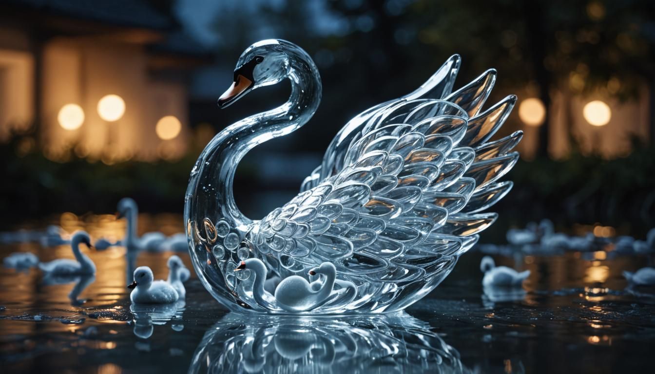 Elegant Glass Swan Sculpture with Cygnets