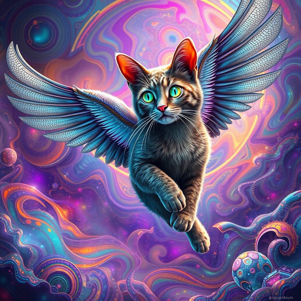 Majestic Flying Cat in Vibrant Dreamscape