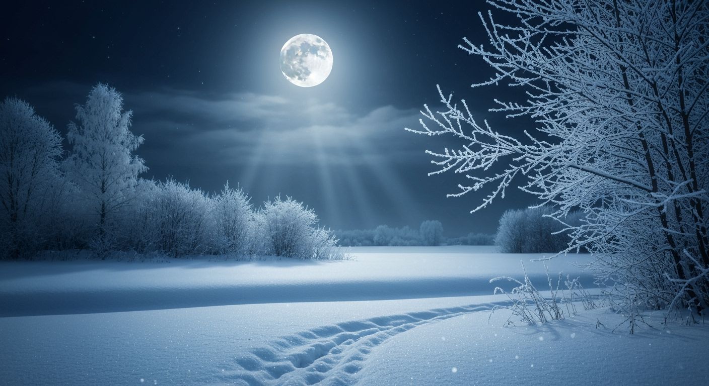 Ethereal Full Moon Over Snowy Winter Landscape