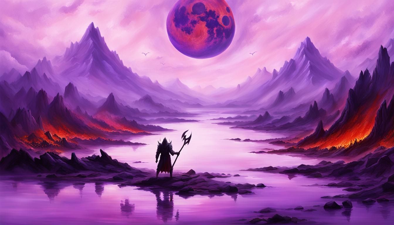 Infernal Lake of Fire with Demons and Blood Moon