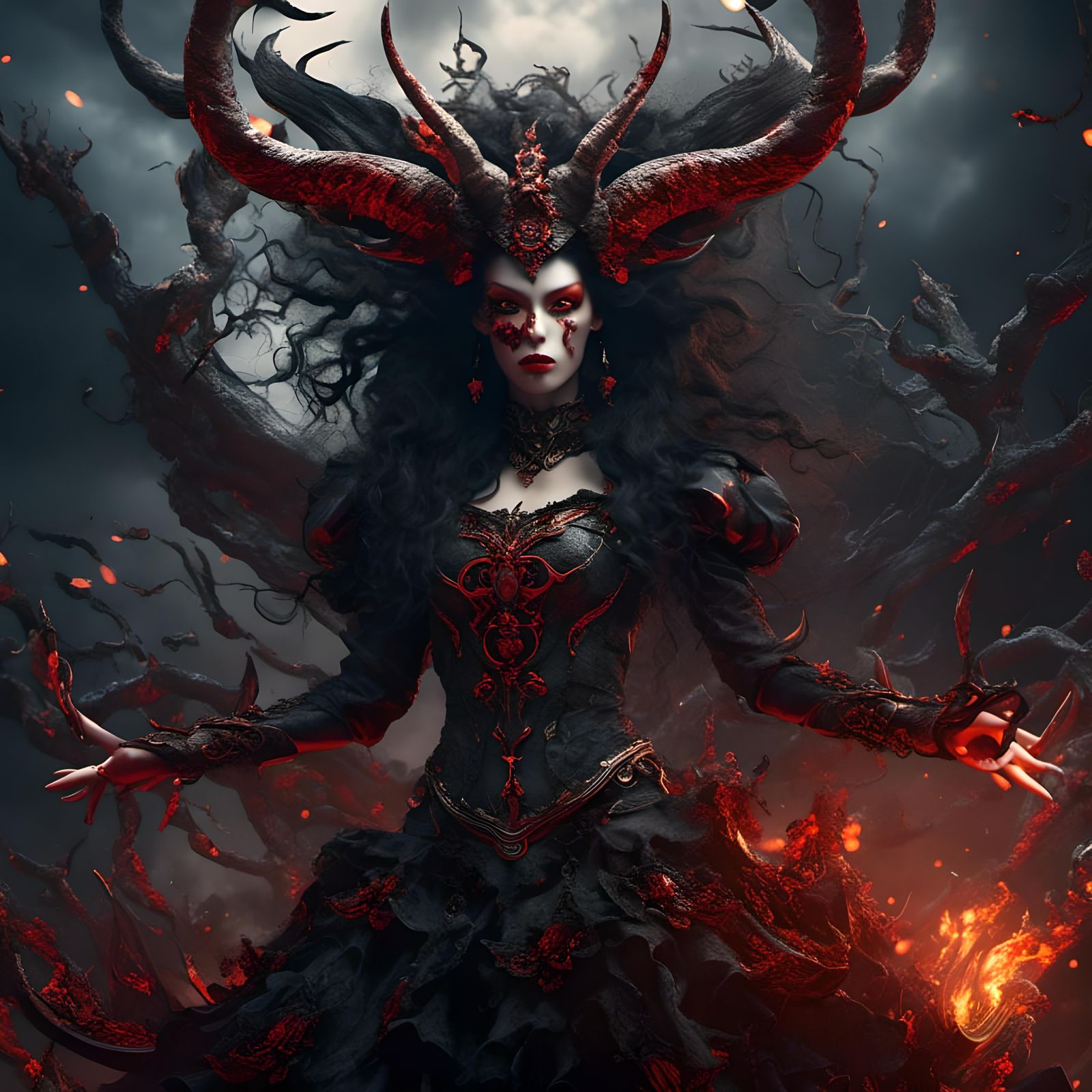Demon Lady in Gothic Attire: Hyperrealistic Rendering