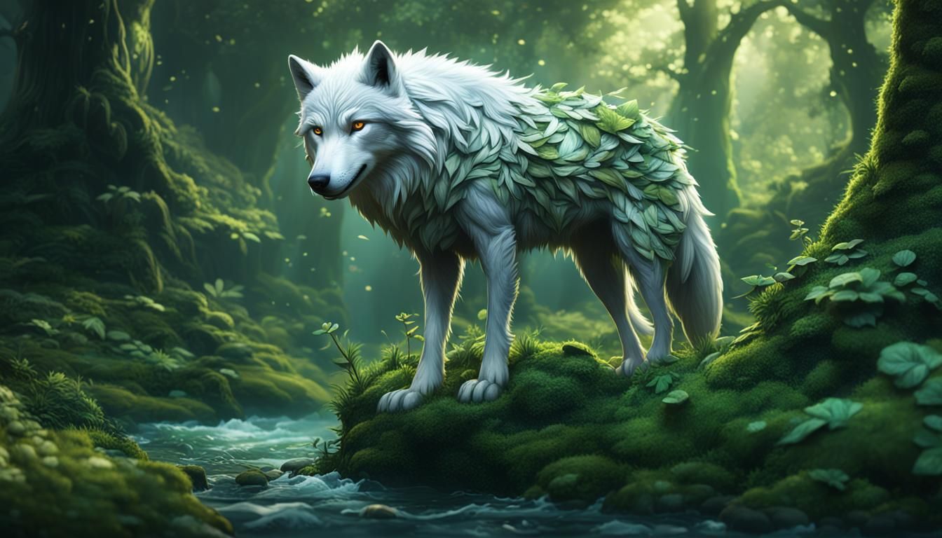 Leaf-covered White Wolf in Magical Forest