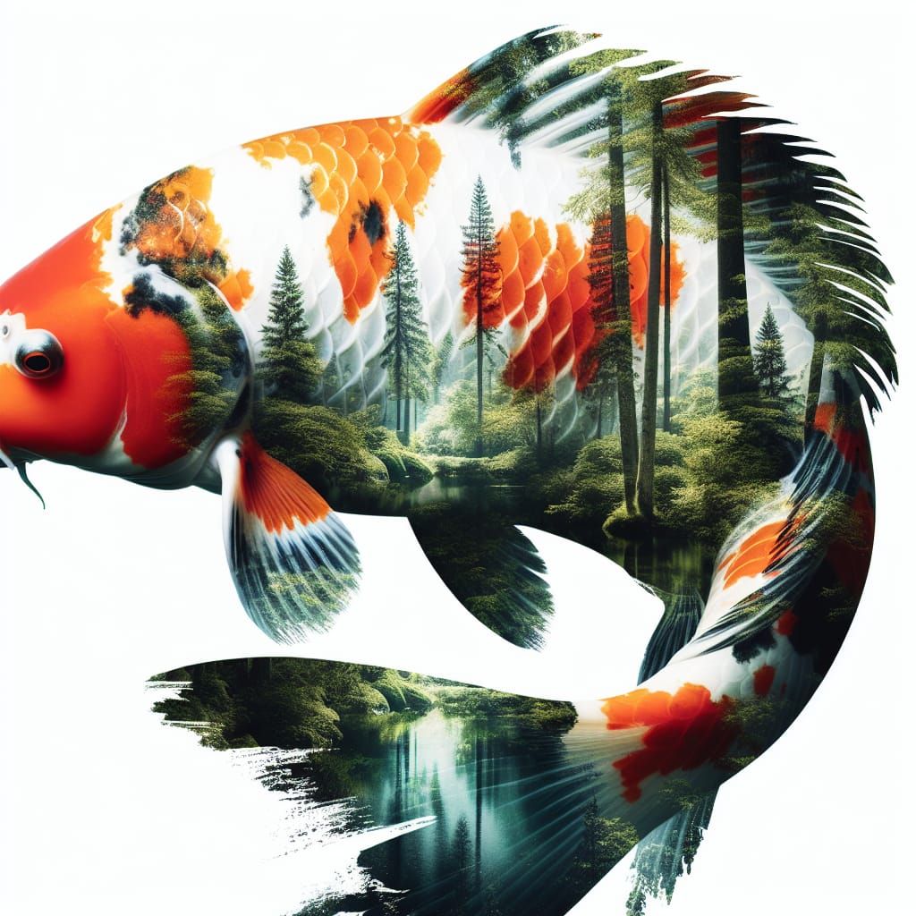 Koi Fish Double Exposure with Forest Landscape