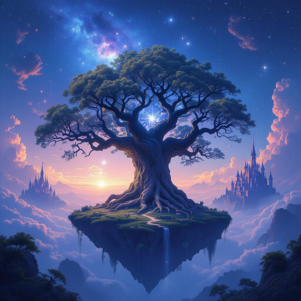 Mystical Floating Island Tree Under Cosmic Sky
