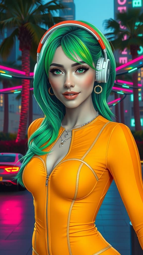 Green-Haired Woman in Futuristic Park, Digital Art